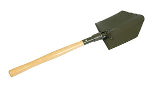 Pioneerschep, omklapbaar blad met kartelrand, houten steel